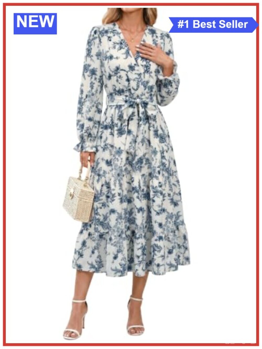Women's Floral V-Neck Ruffle Long Sleeve Midi Dress